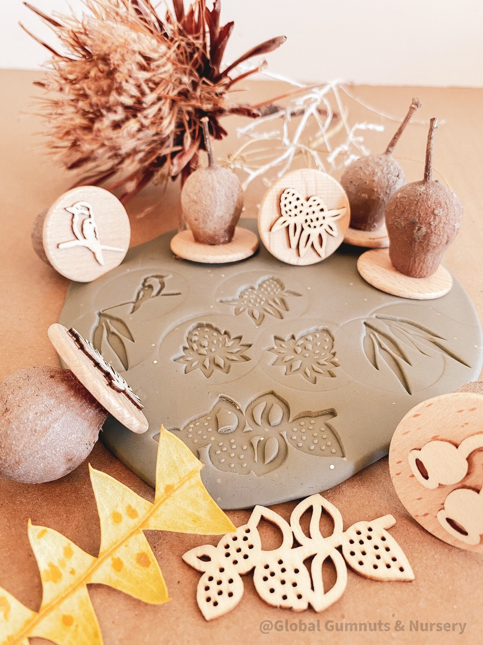 Native Walk Set Gumnut Nature Stamps: Nature-themed stamp set with floral and bush motifs.