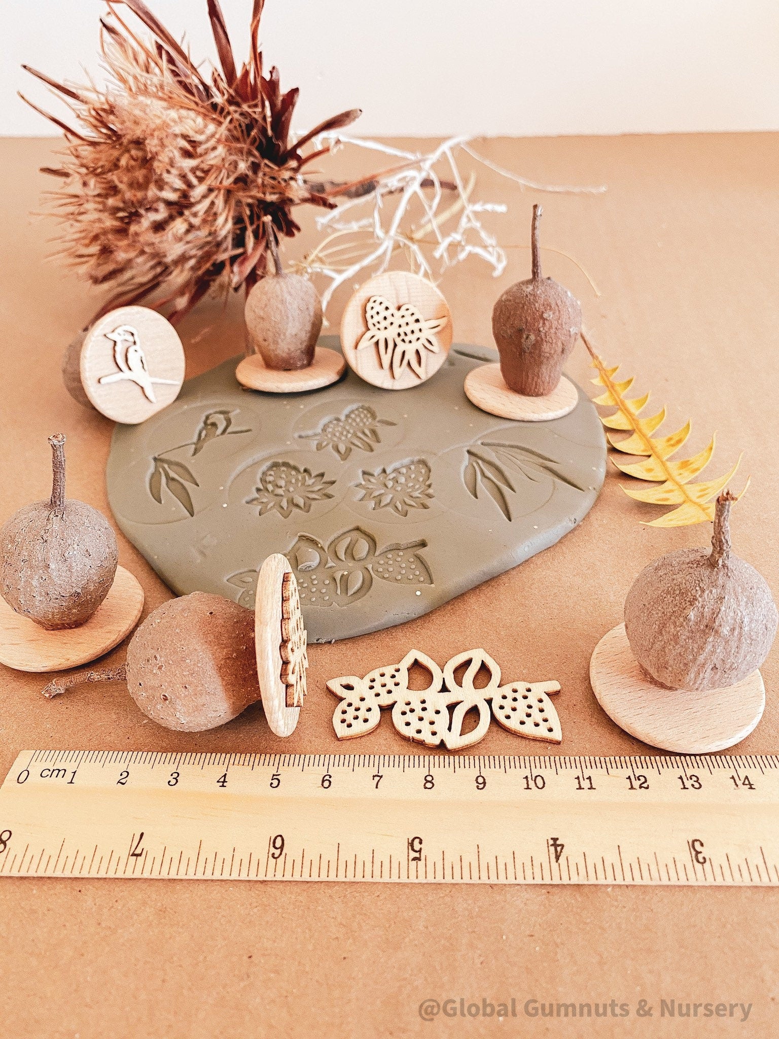 Native Walk Set Gumnut Nature Stamps: Nature-themed stamp set with floral and bush motifs.