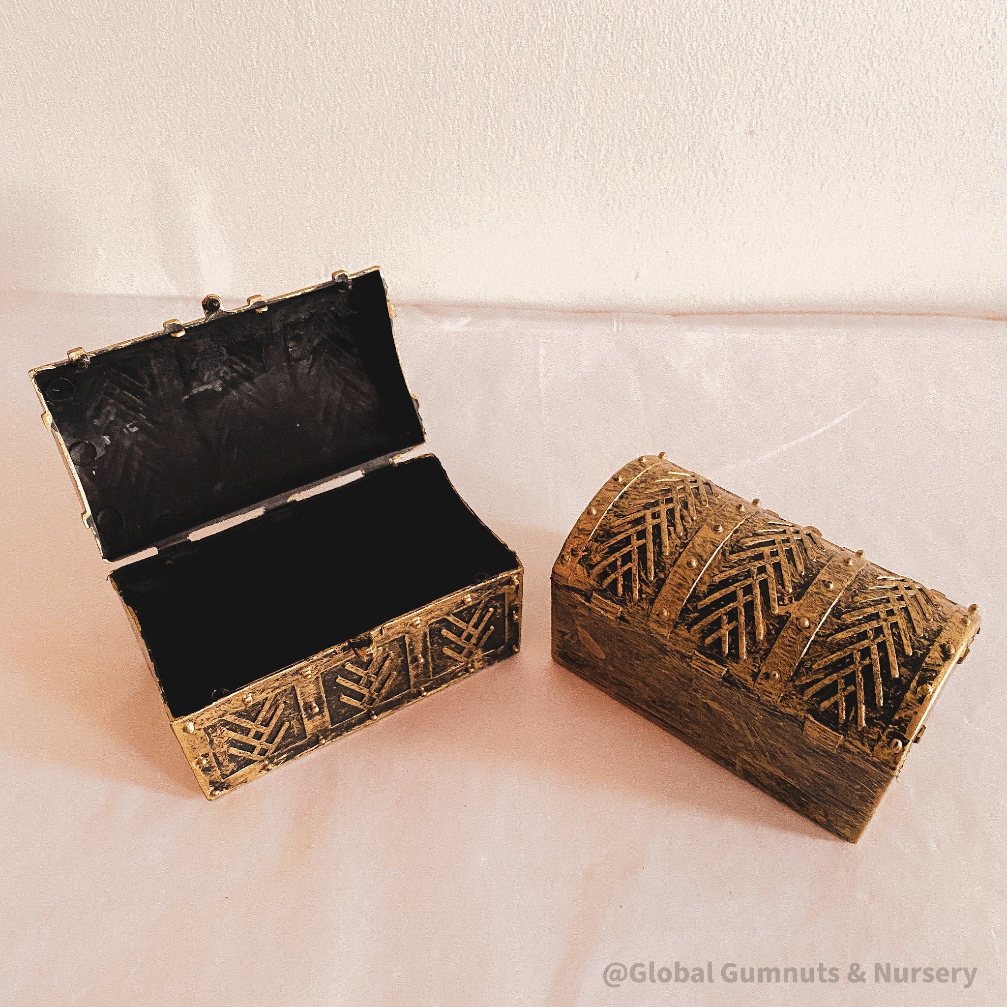 Golden plastic treasure chest, perfect for sparking kids' imaginations or treasure-themed adventures.