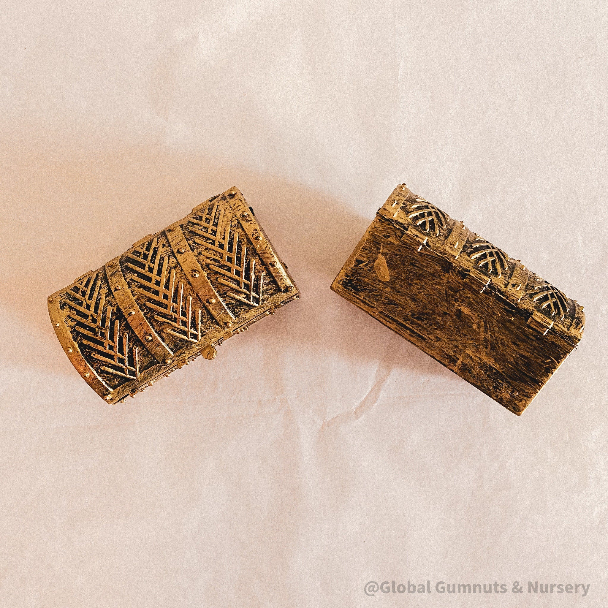 Golden plastic treasure chest, perfect for sparking kids' imaginations or treasure-themed adventures.