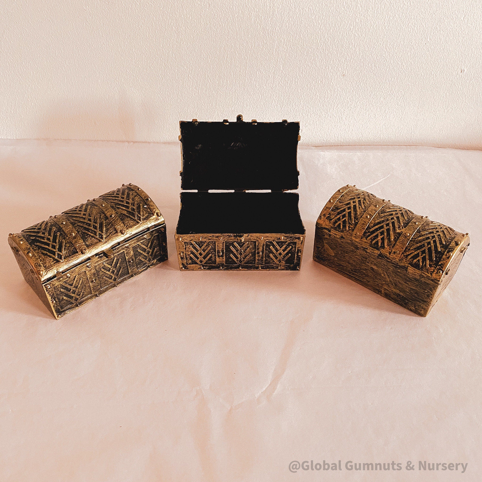 Golden plastic treasure chest, perfect for sparking kids' imaginations or treasure-themed adventures.