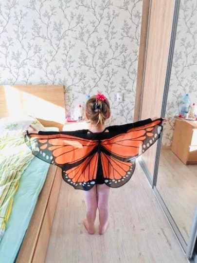 Vibrant butterfly wings for kids, custom chiffon designs with glitter and sparkle, perfect for dress-up or dance.