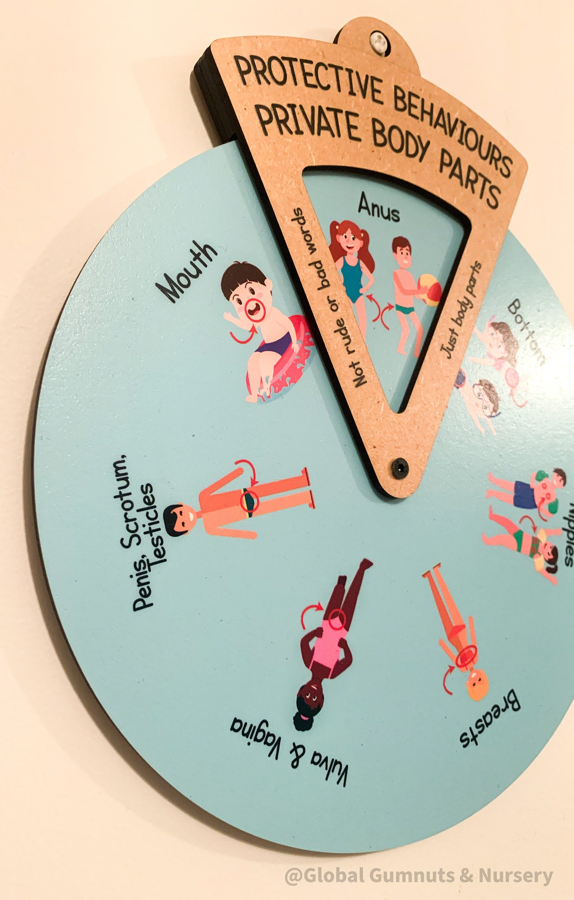 Protective Behaviours Spinner Dial – Educational Tool: Child safety education spinner dial teaching private body parts through interactive play.