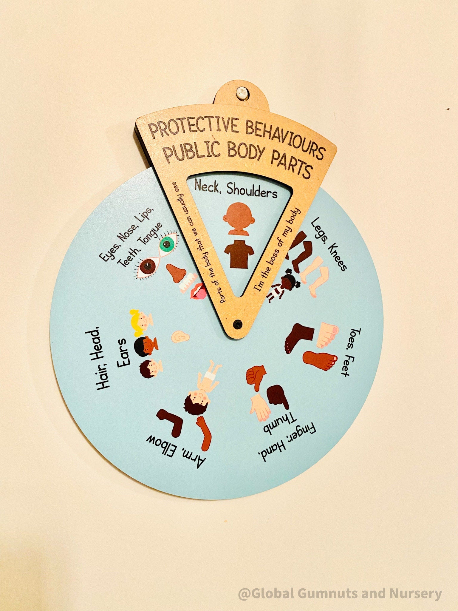 Interactive Protective Behaviours Spinner Dial: Educational wooden spinner with viewer window, teaching kids about personal body safety.