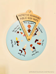 Interactive Protective Behaviours Spinner Dial: Educational wooden spinner with viewer window, teaching kids about personal body safety.