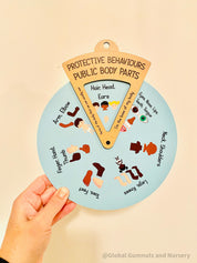 Interactive Protective Behaviours Spinner Dial: Educational wooden spinner with viewer window, teaching kids about personal body safety.