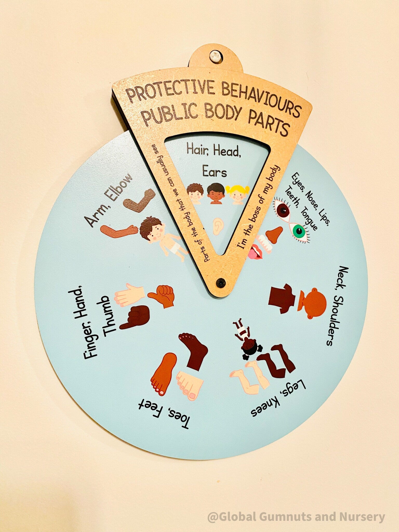 Interactive Protective Behaviours Spinner Dial: Educational wooden spinner with viewer window, teaching kids about personal body safety.