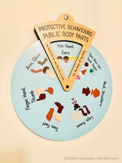 Interactive Protective Behaviours Spinner Dial: Educational wooden spinner with viewer window, teaching kids about personal body safety.