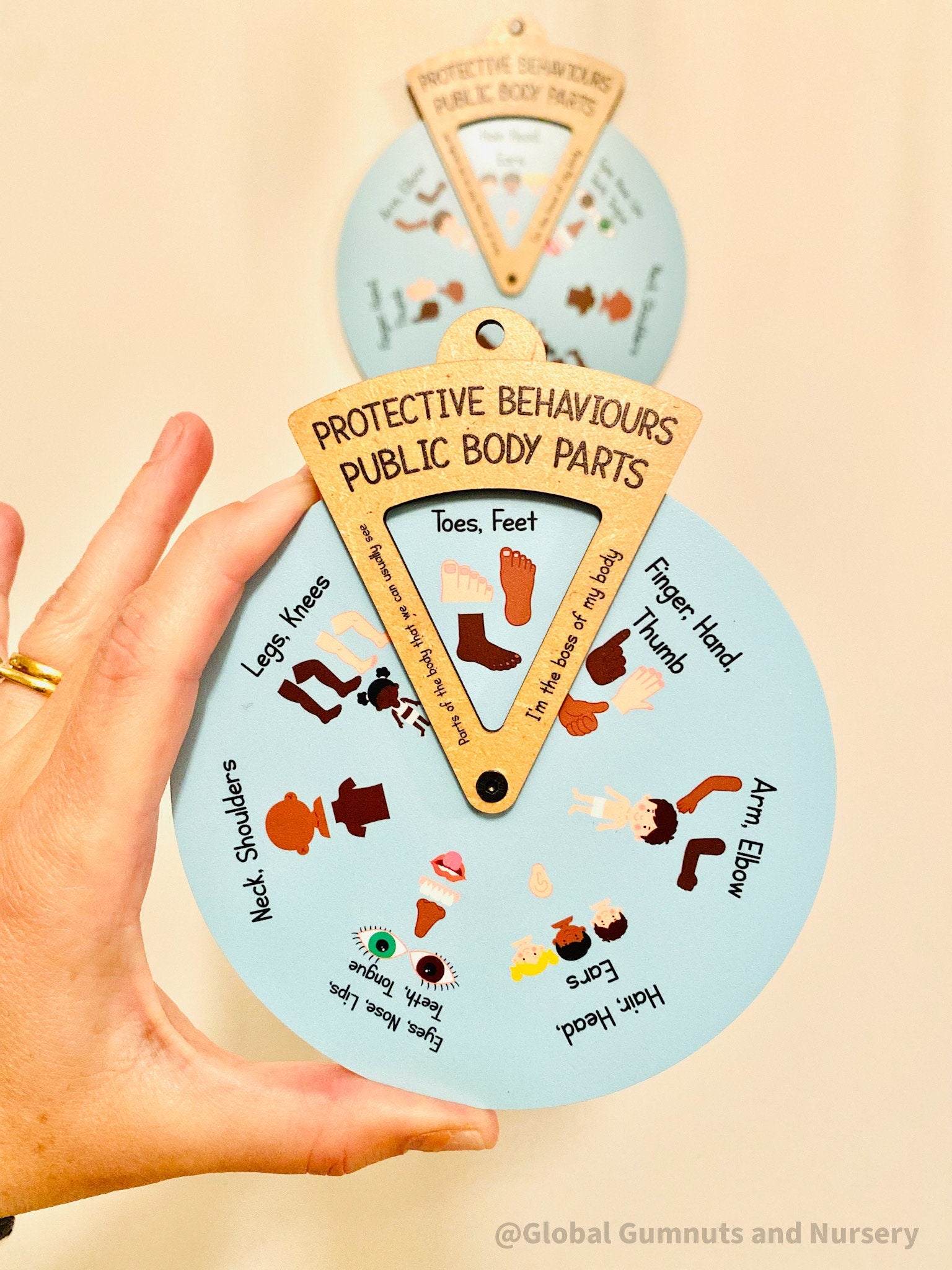 Interactive Protective Behaviours Spinner Dial: Educational wooden spinner with viewer window, teaching kids about personal body safety.