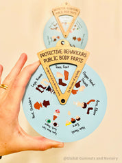 Interactive Protective Behaviours Spinner Dial: Educational wooden spinner with viewer window, teaching kids about personal body safety.