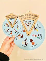 Interactive Protective Behaviours Spinner Dial: Educational wooden spinner with viewer window, teaching kids about personal body safety.