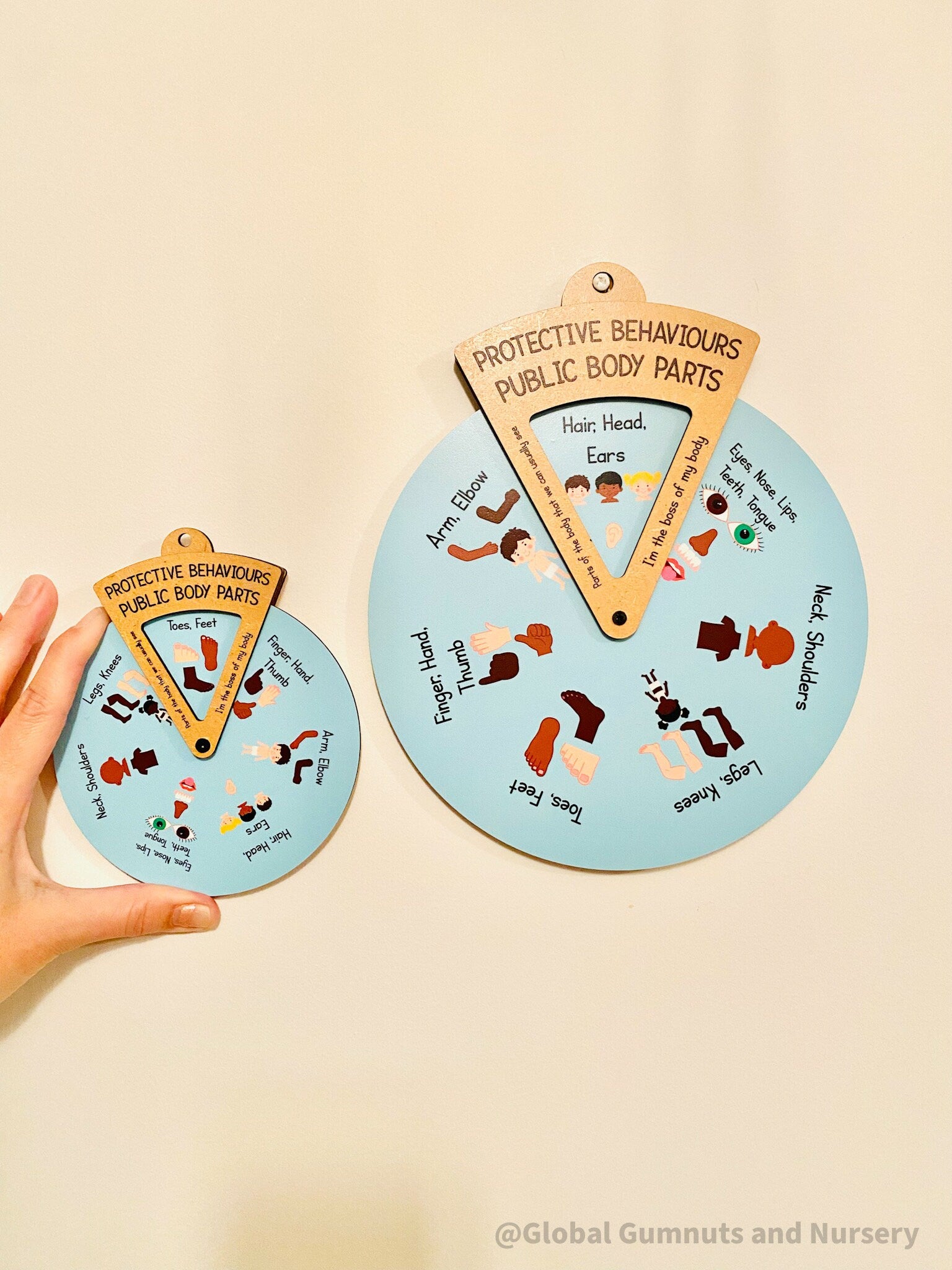 Interactive Protective Behaviours Spinner Dial: Educational wooden spinner with viewer window, teaching kids about personal body safety.