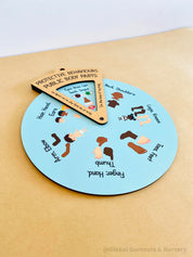 Interactive Protective Behaviours Spinner Dial: Educational wooden spinner with viewer window, teaching kids about personal body safety.