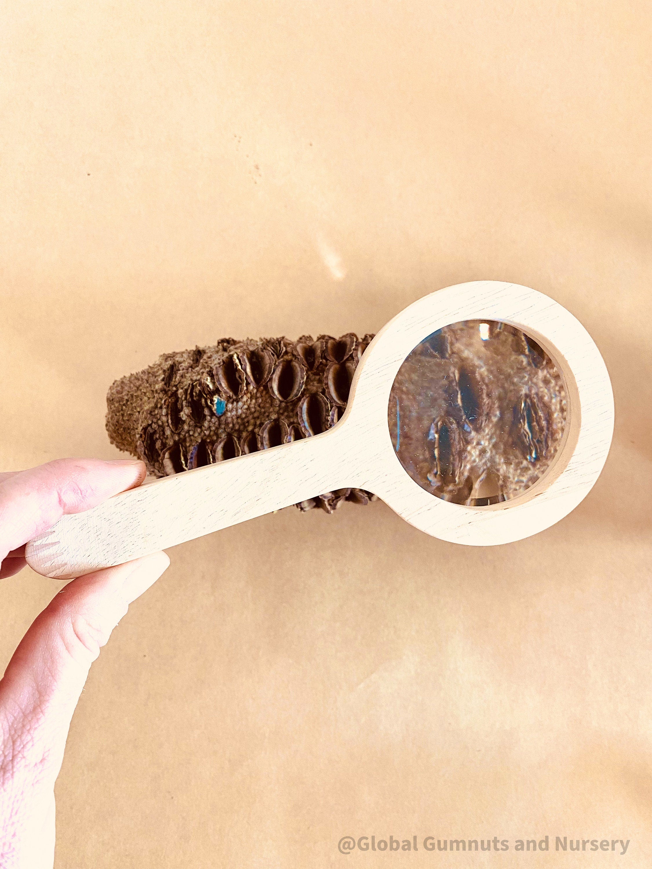 Kids' wooden magnifier, perfect for exploring nature and sparking curiosity in young adventurers.