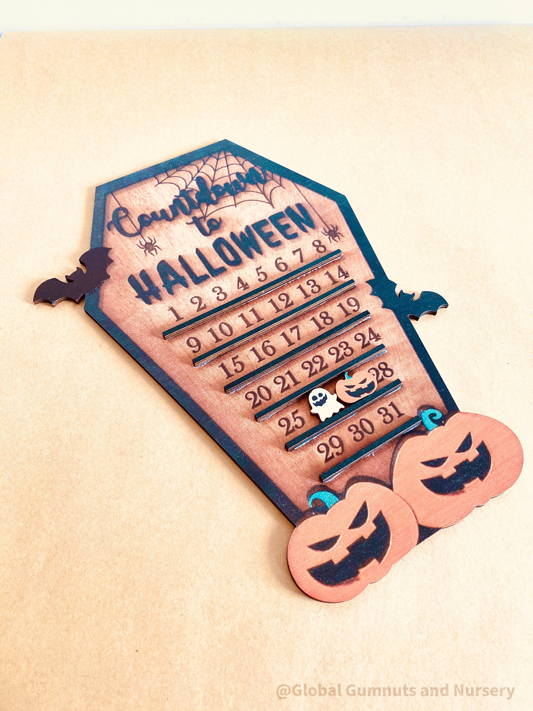 Wooden Halloween countdown calendar, adding spooky fun to the lead-up to Halloween.