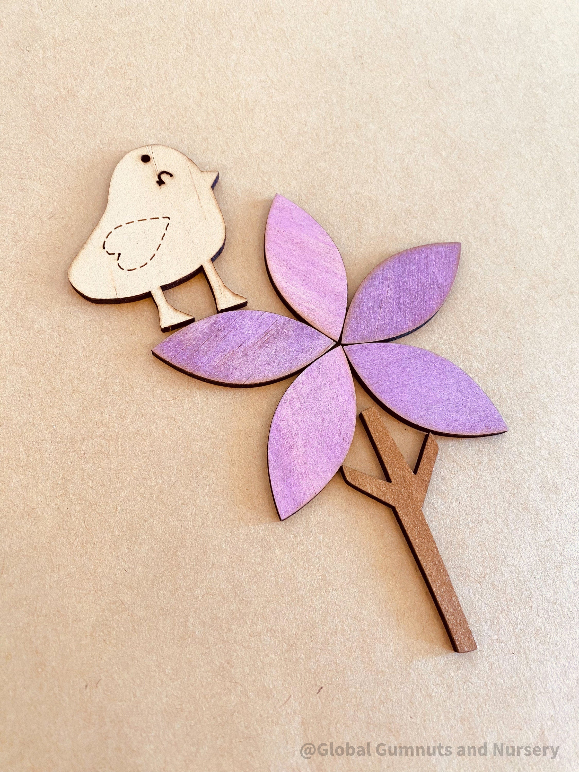 Flower + Bird Wooden Embellishment Set – 7 Pieces: Seven-piece wooden set with bird and floral designs, great for personalized DIY projects.