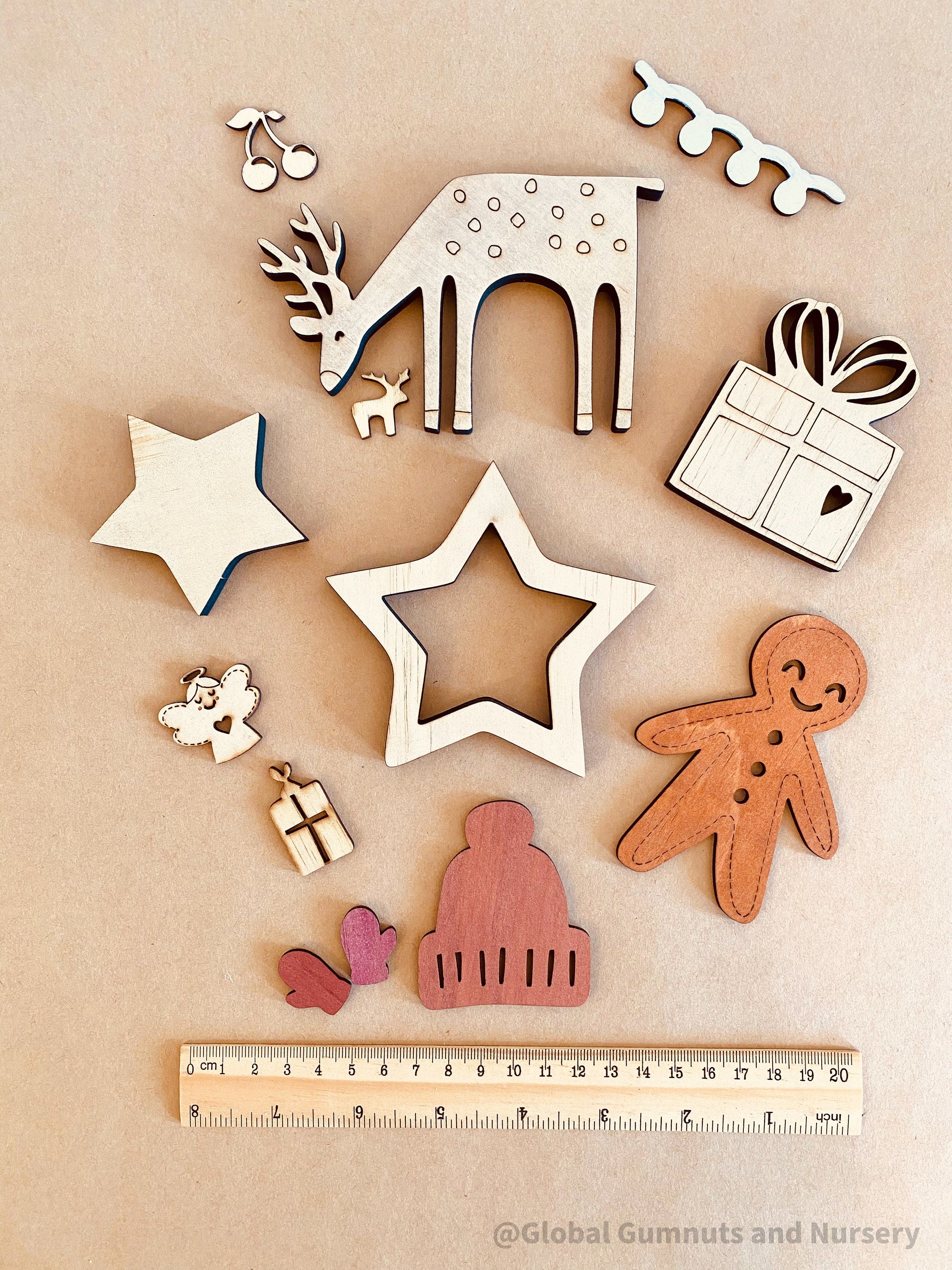 Christmas Wooden Embellishments: 13 festive wooden designs for holiday projects and decorations.