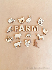 Farm Animal Embellishments Set: 17 rustic animal-themed pieces for crafts and decor.