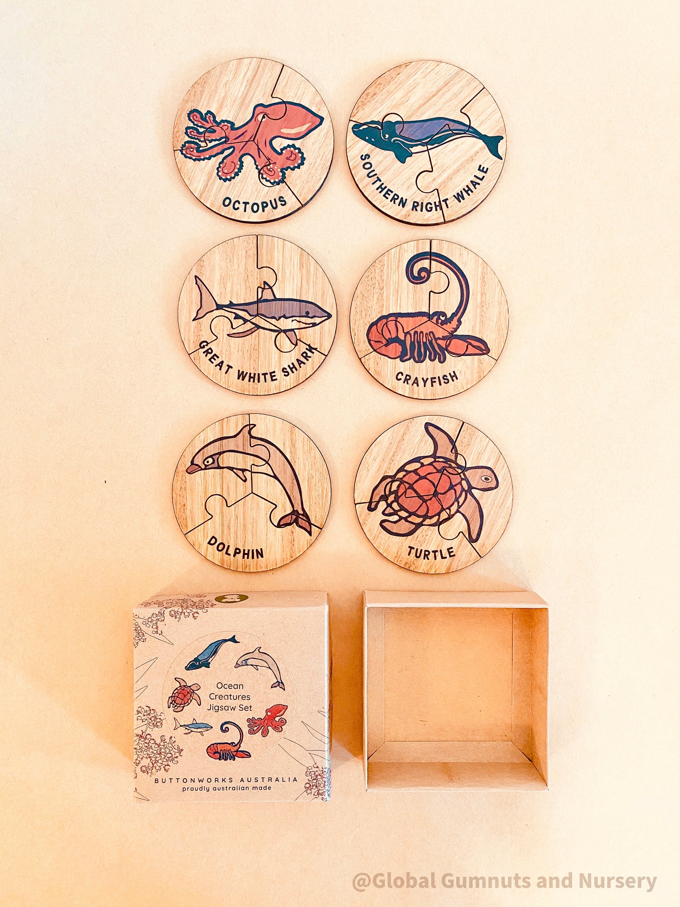 Set of 6 Australian ocean animal jigsaw puzzles, made from timber, celebrating native wildlife. Fun and educational for all ages.