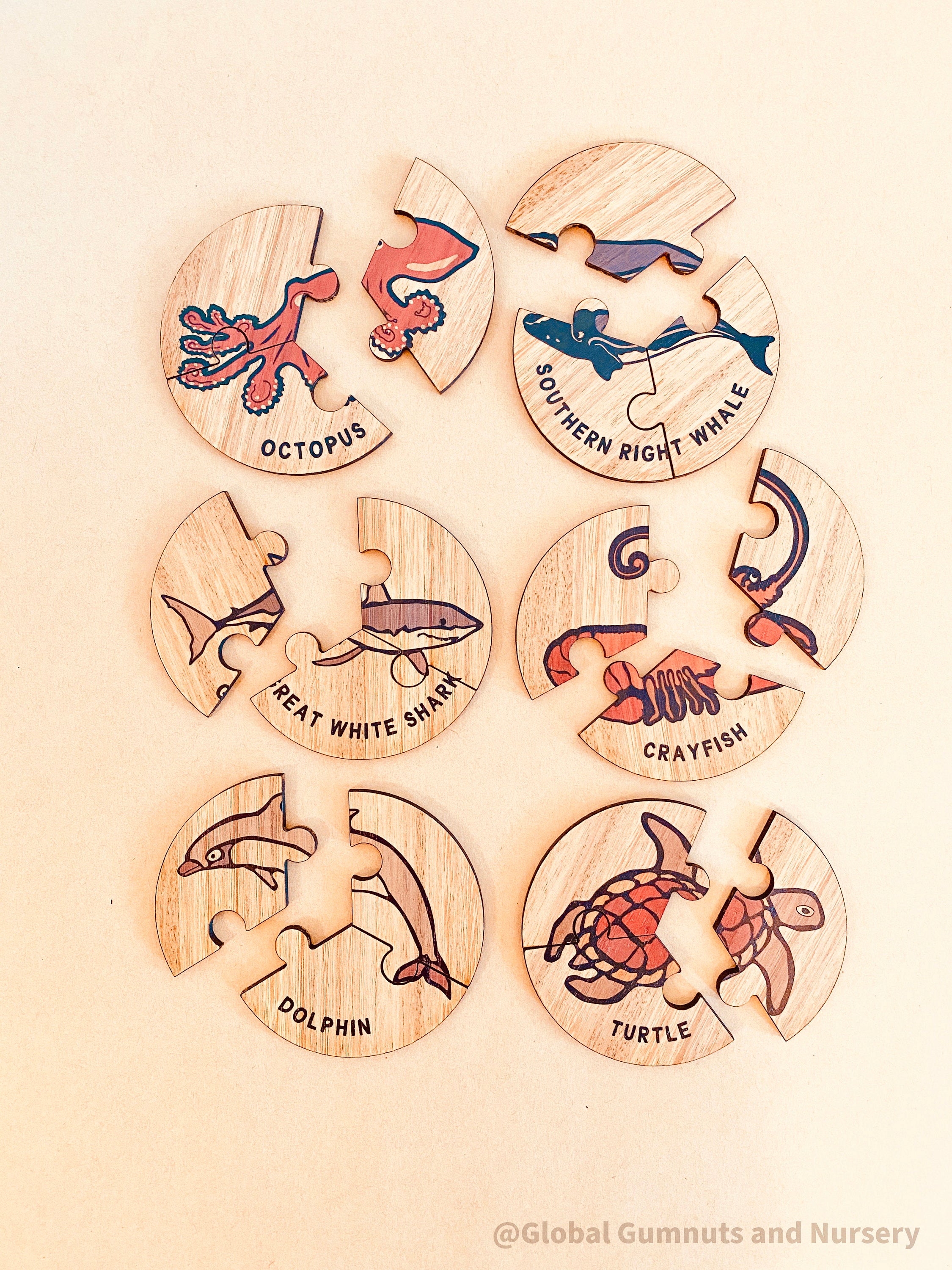 Set of 6 Australian ocean animal jigsaw puzzles, made from timber, celebrating native wildlife. Fun and educational for all ages.