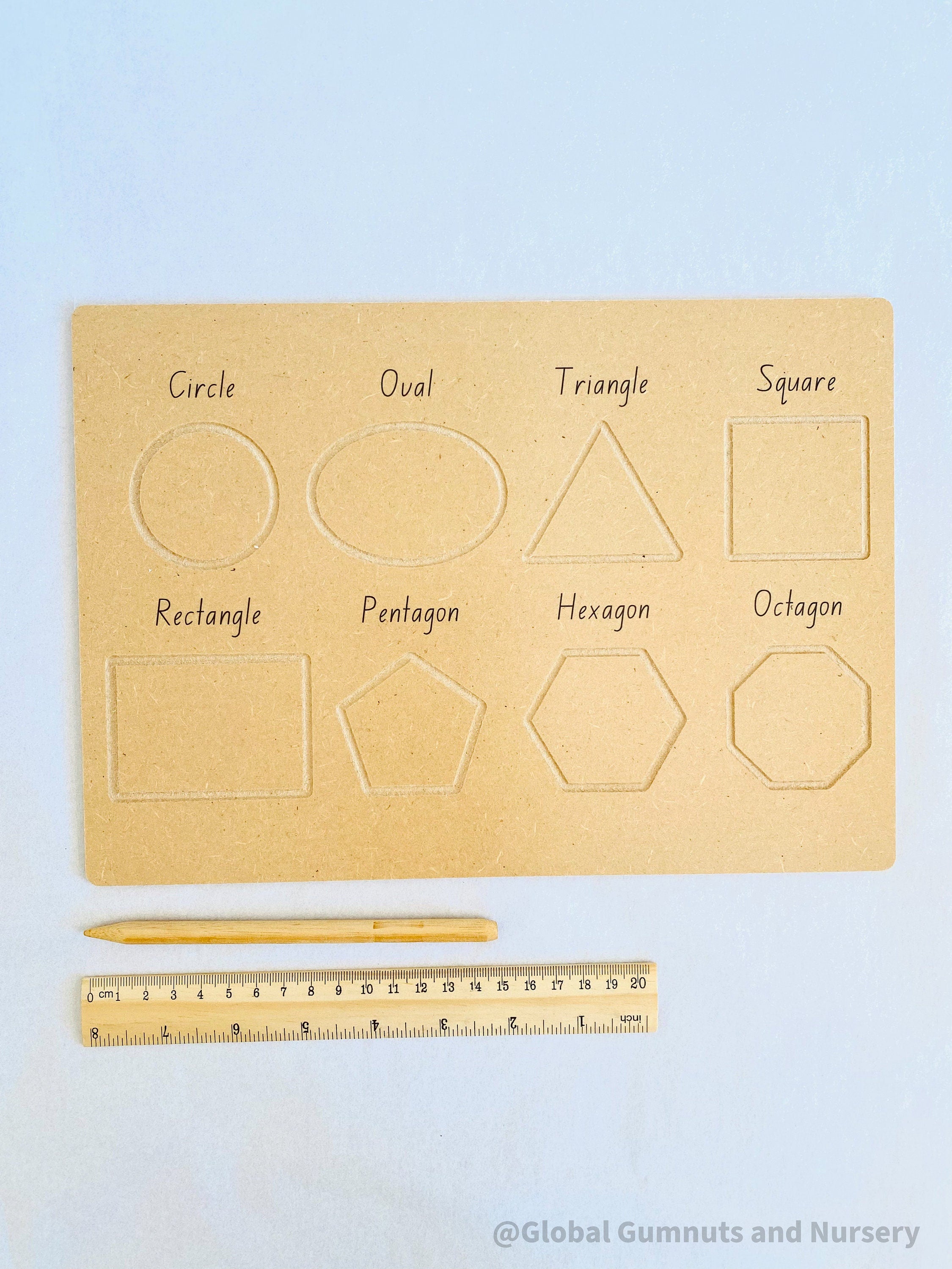 Shapes Wooden Tracing Board: Learn shapes with a board, matching pieces, and stylus.