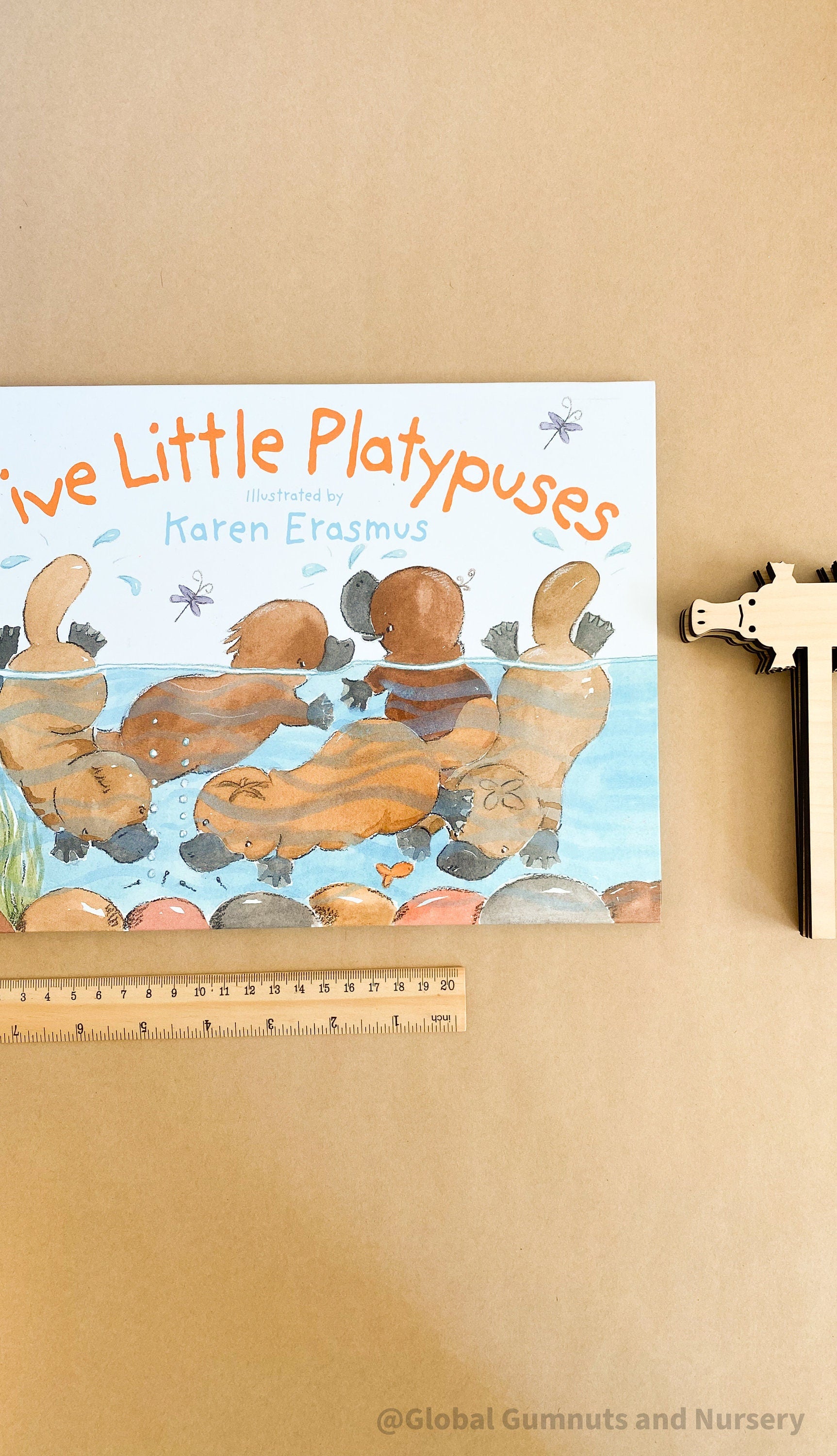 Five Little Platypuses Book & Puppets: Storybook with wooden platypus puppets for interactive learning.