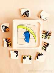 Butterfly life cycle puzzle, Montessori-inspired and crafted as a square educational toy. Perfect for learning and play.