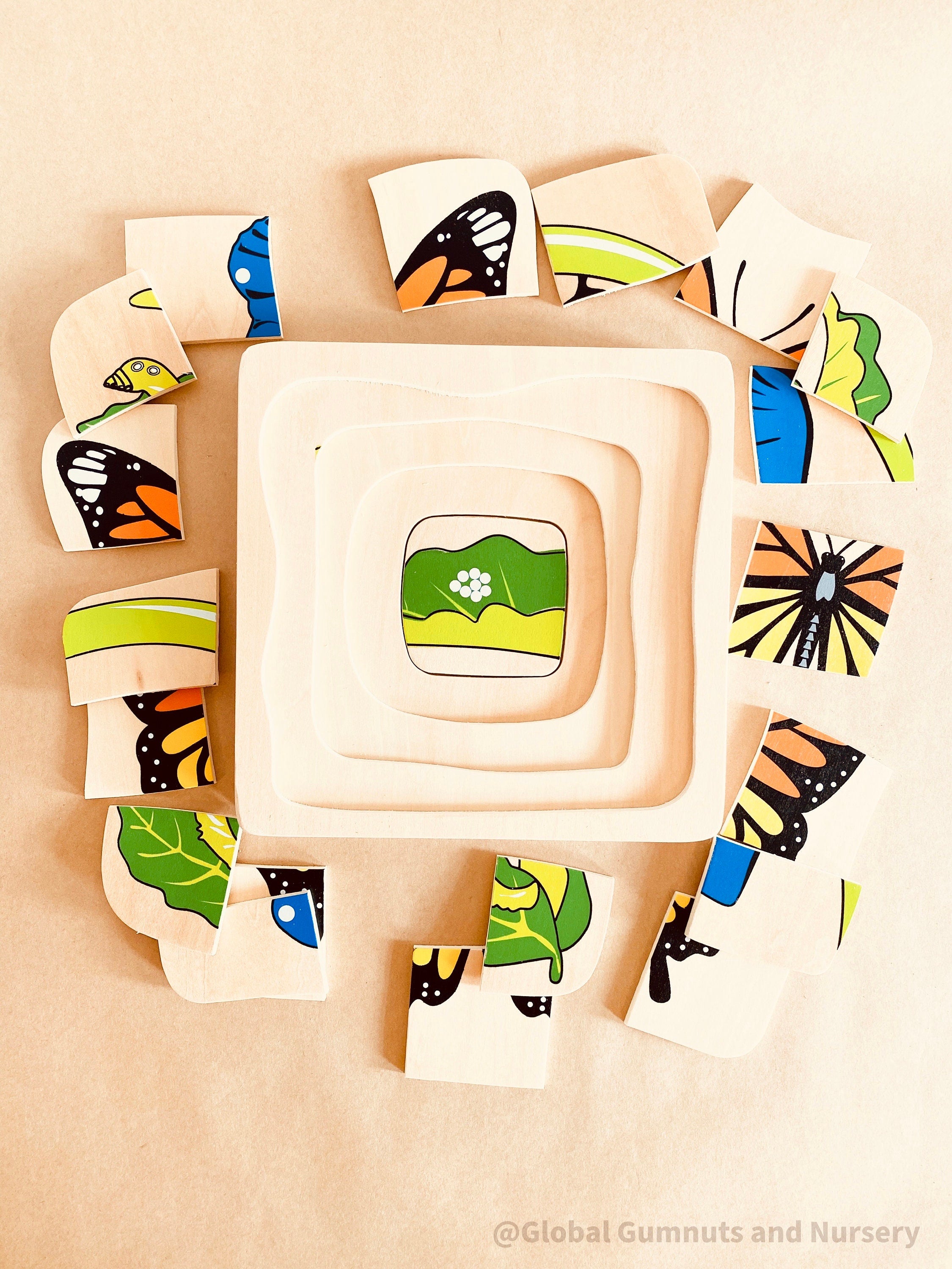 Butterfly life cycle puzzle, Montessori-inspired and crafted as a square educational toy. Perfect for learning and play.