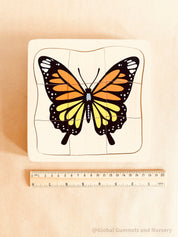 Butterfly life cycle puzzle, Montessori-inspired and crafted as a square educational toy. Perfect for learning and play.