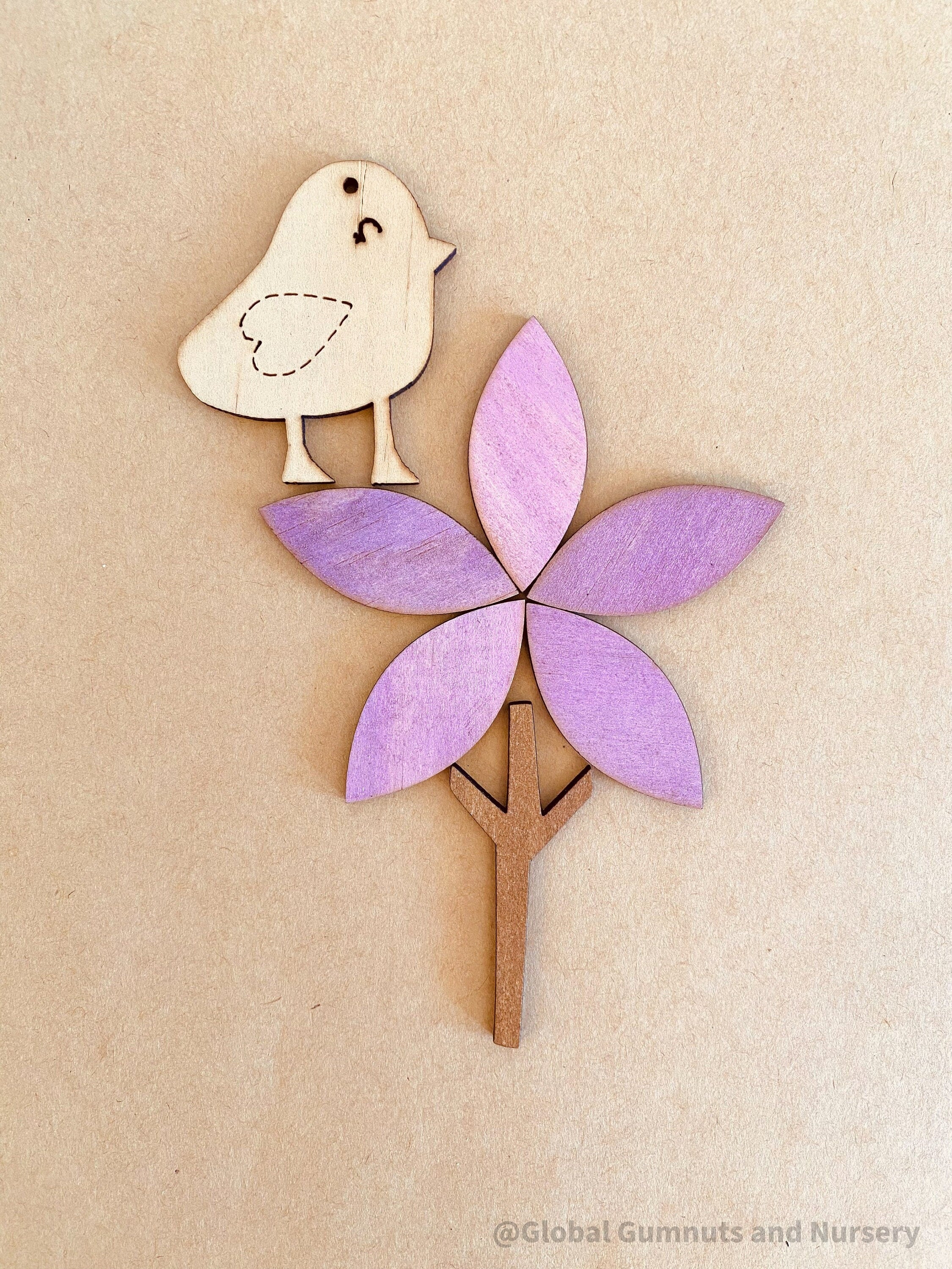 Flower + Bird Wooden Embellishment Set – 7 Pieces: Seven-piece wooden set with bird and floral designs, great for personalized DIY projects.