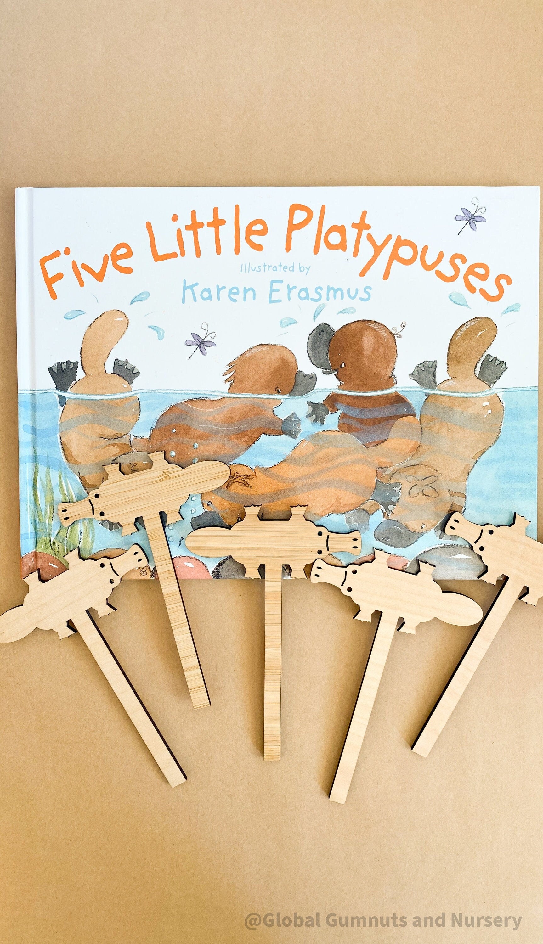 Five Little Platypuses Book & Puppets: Storybook with wooden platypus puppets for interactive learning.