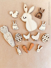 Easter Wooden Embellishments Set: 14 festive wooden pieces for Easter crafts.