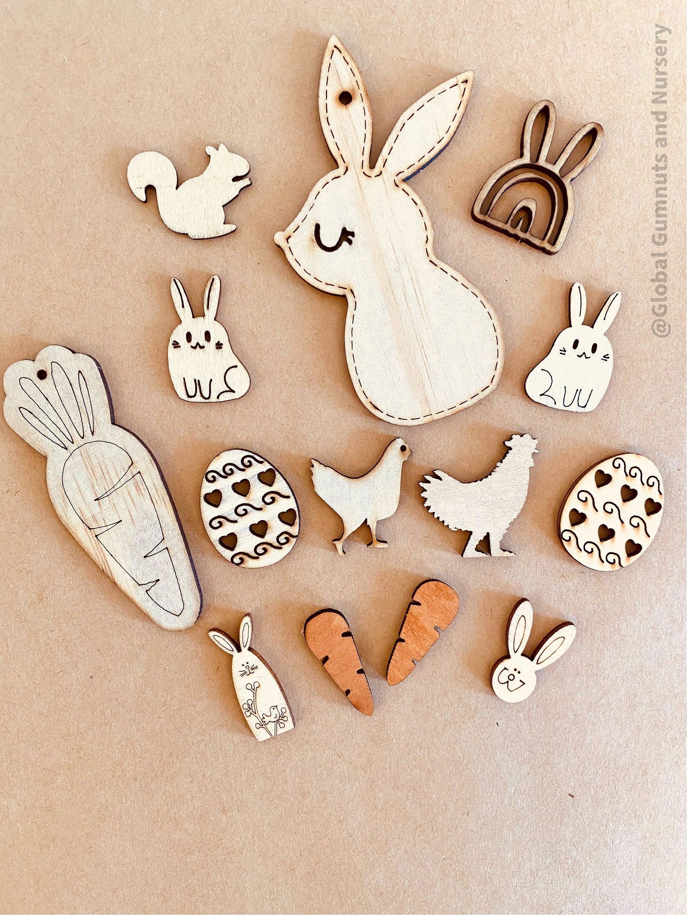 Easter Wooden Embellishments Set: 14 festive wooden pieces for Easter crafts.