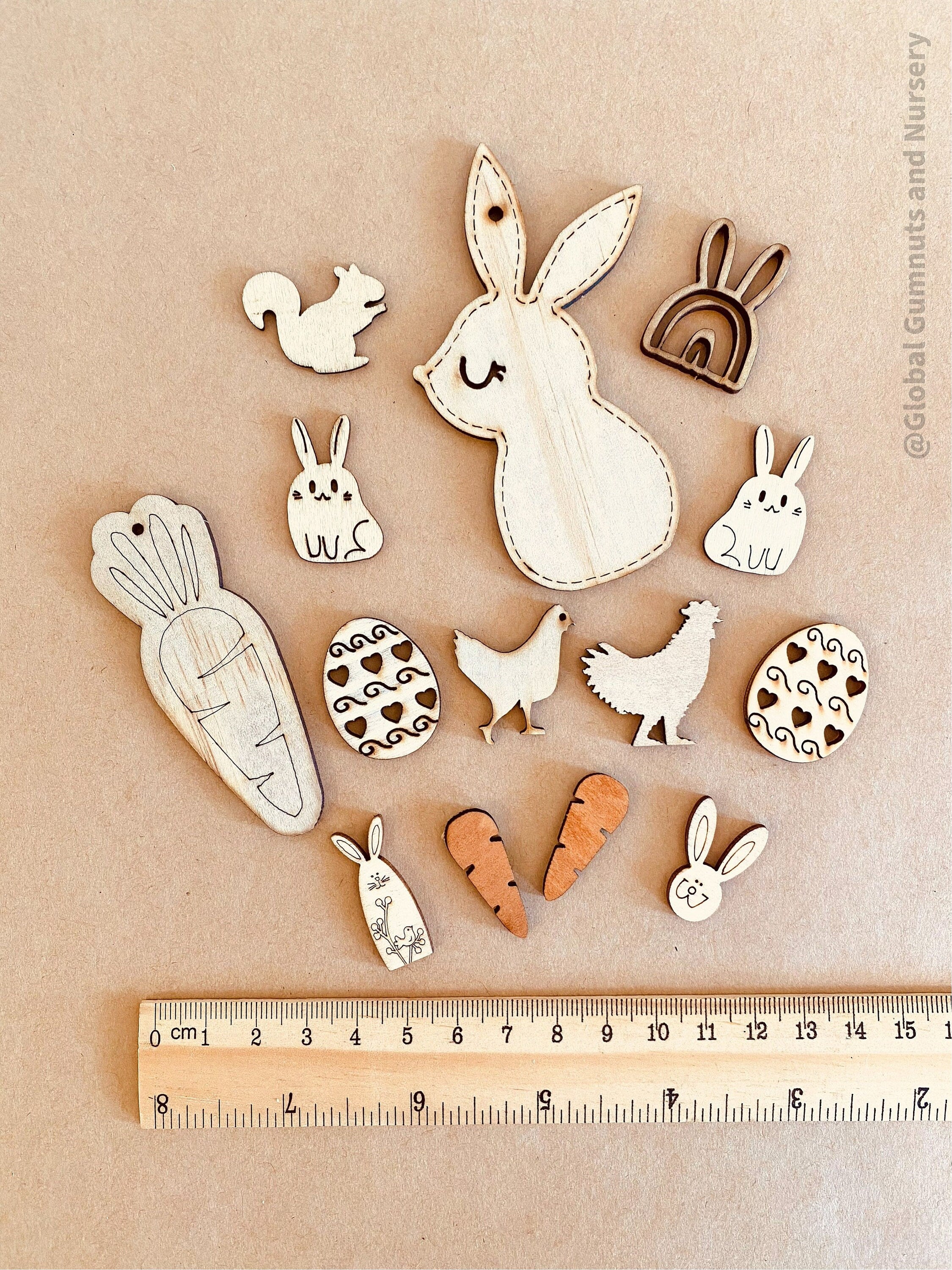 Easter Wooden Embellishments Set: 14 festive wooden pieces for Easter crafts.