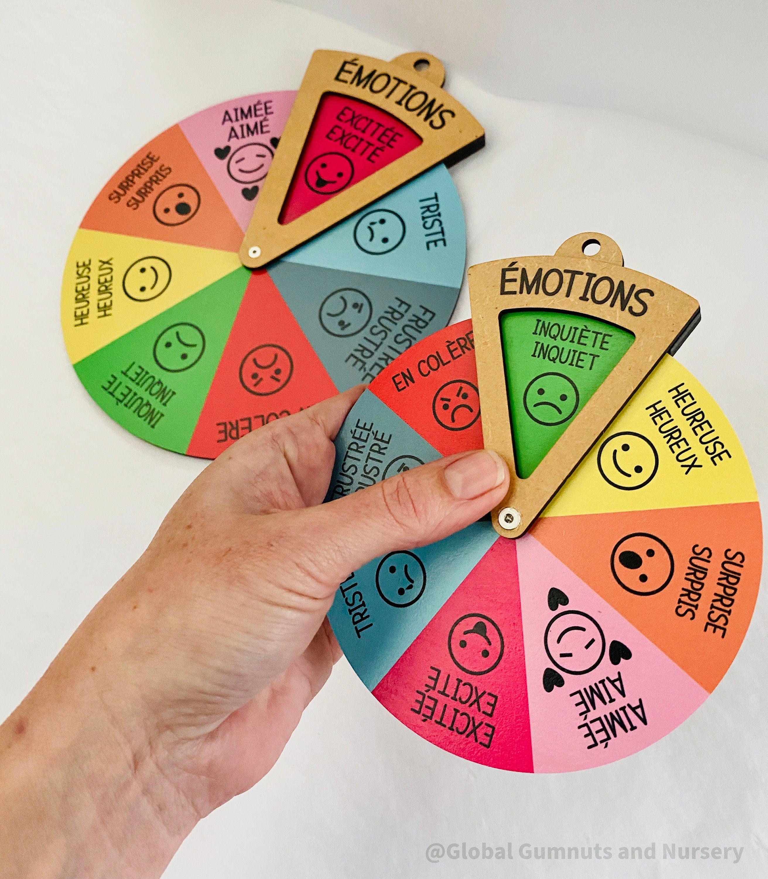 Emotions Spinner Dial (French): Dial with 8 human expressions for emotional learning in French.