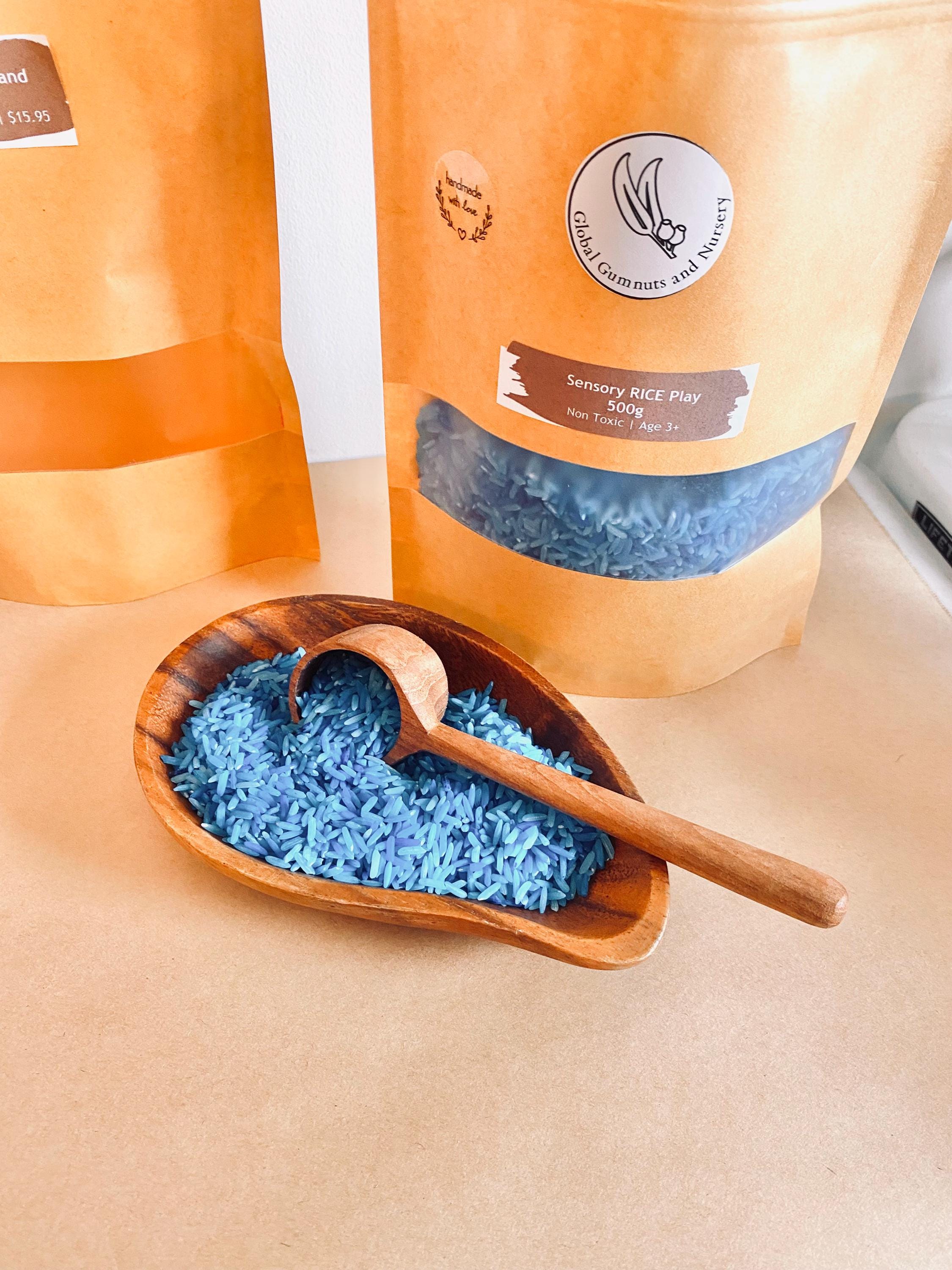 teak teaspoon scoops: natural wooden scoops for children’s activities.