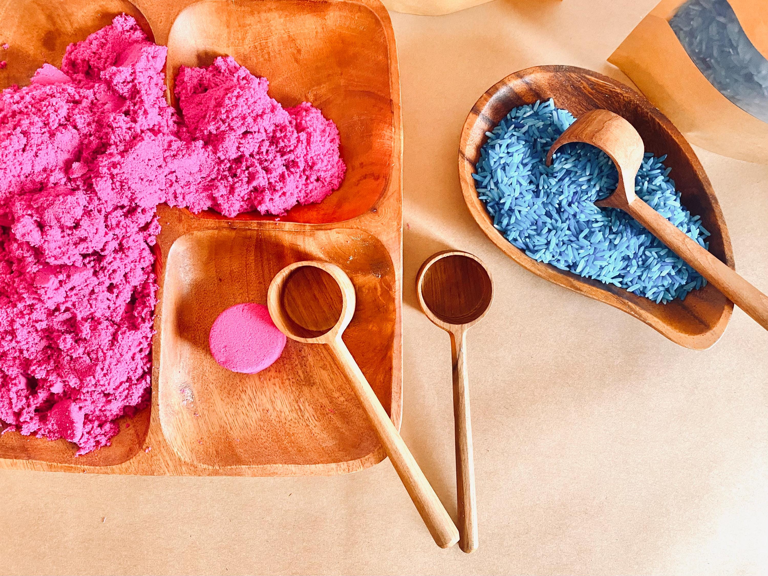teak teaspoon scoops: natural wooden scoops for children’s activities.