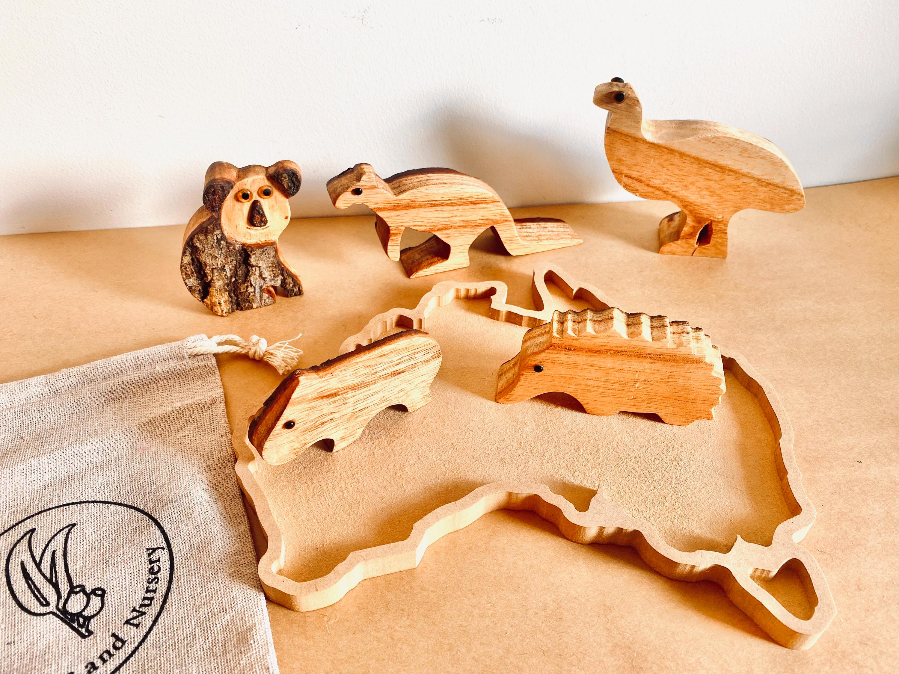 Australian Wooden Animal Set: Five-piece wooden Australian animal collection.