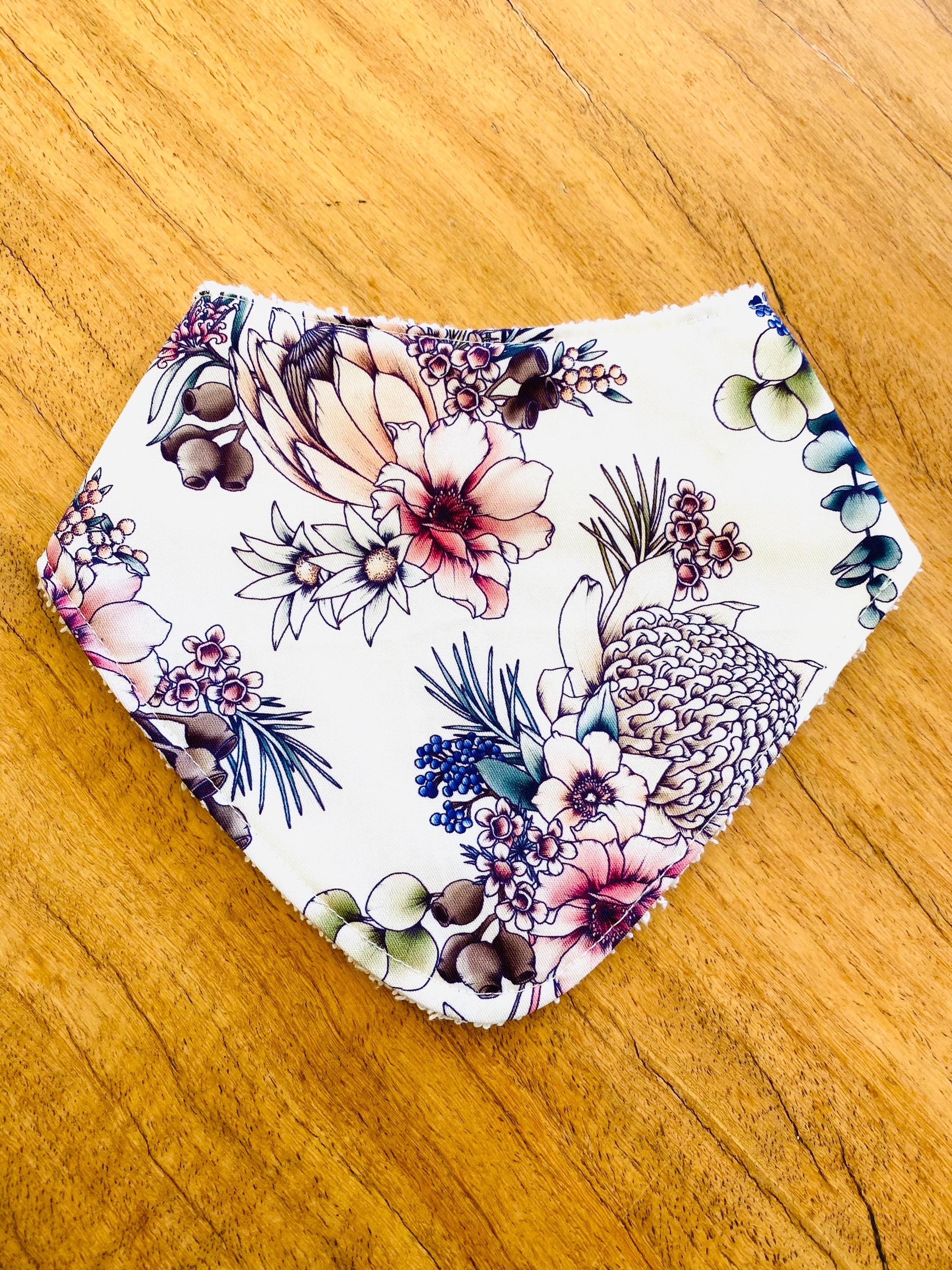The Native Bunch – Proteas Bib: Handcrafted bib featuring native Australian Proteas design.