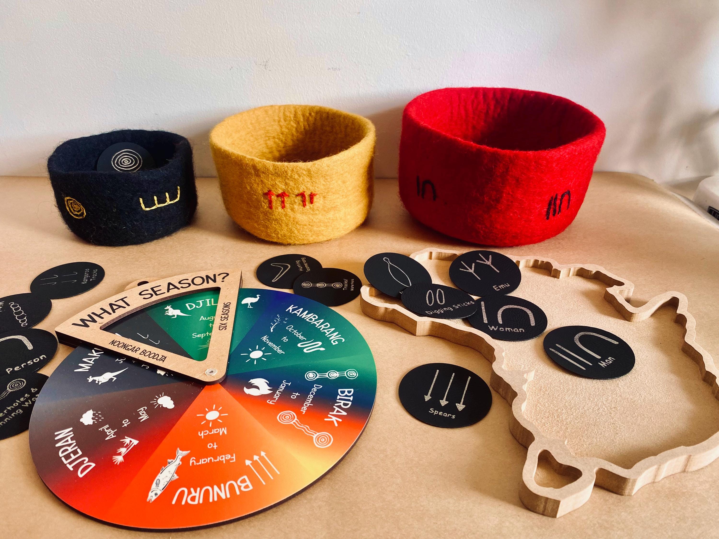 Indigenous nested bowl set in Australian flag colors, adorned with cultural symbols for NAIDOC Week.