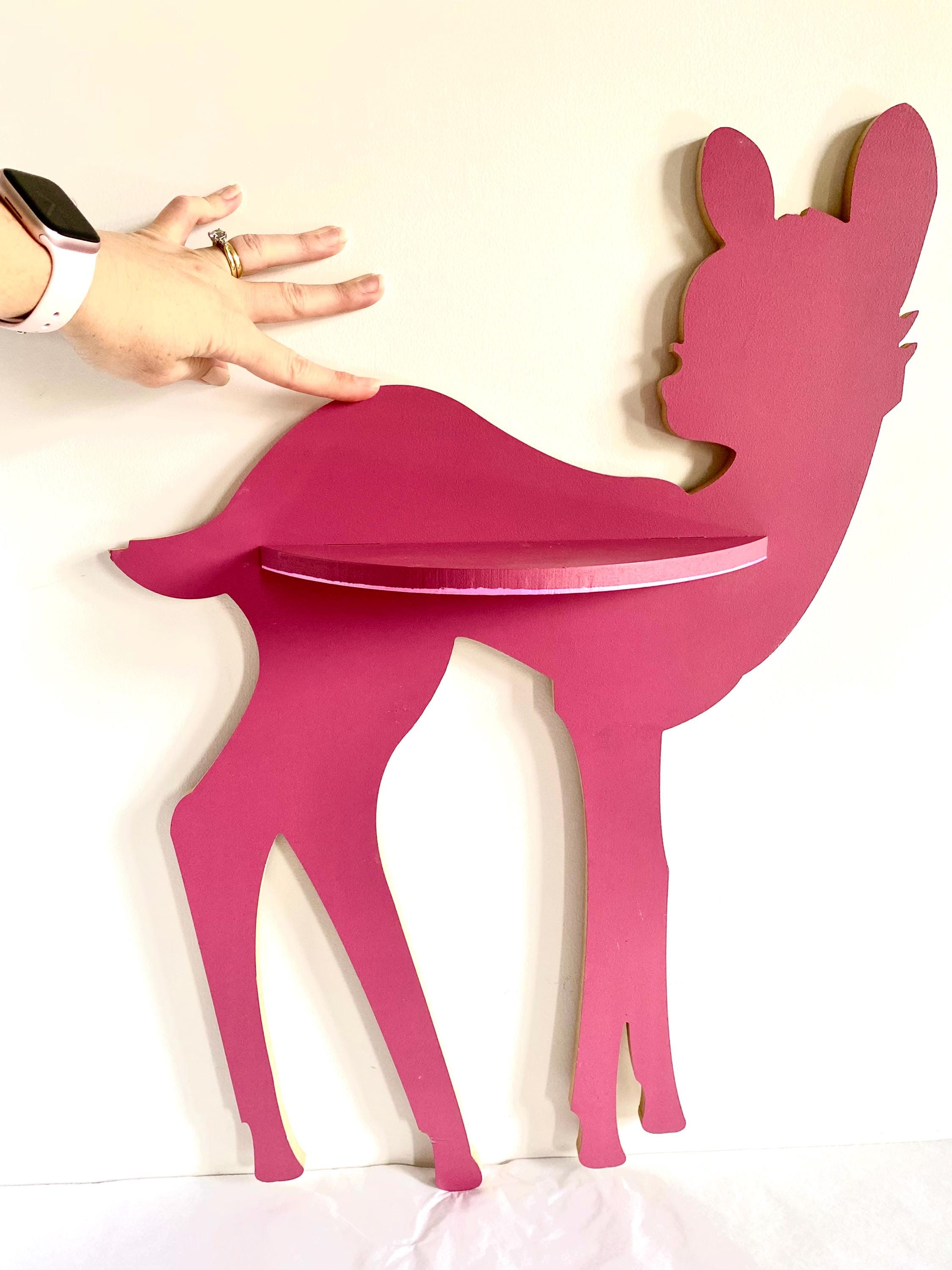 Burgundy wooden deer shelf with hooks, ideal for kids' rooms or adding rustic charm to any space. Customizable options available.