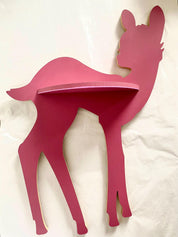 Burgundy wooden deer shelf with hooks, ideal for kids' rooms or adding rustic charm to any space. Customizable options available.
