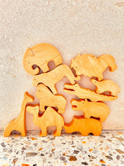 african wooden animal set: 10-piece wooden animal set featuring african wildlife.