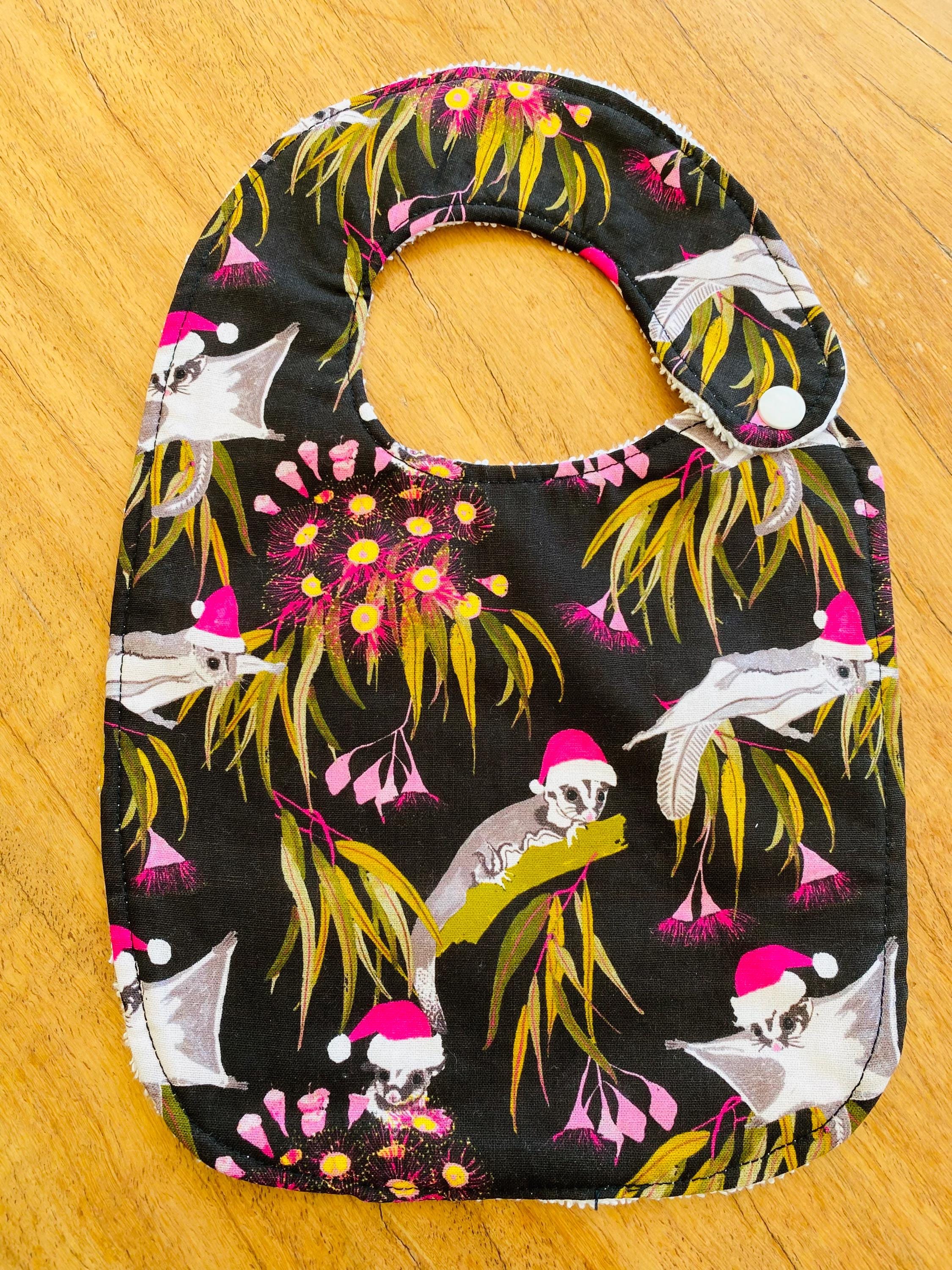 Luxury Bibs with Sugar Gliders: Handmade bibs featuring sugar gliders.