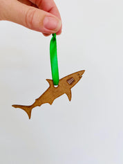 Shark Ornament: Wooden shark ornament for Australian-themed Christmas decor.