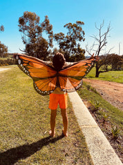 Vibrant butterfly wings for kids, custom chiffon designs with glitter and sparkle, perfect for dress-up or dance.
