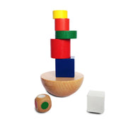 Colorful 8-piece wooden geometric block balancing game. Perfect for improving motor skills and encouraging STEM learning through play.