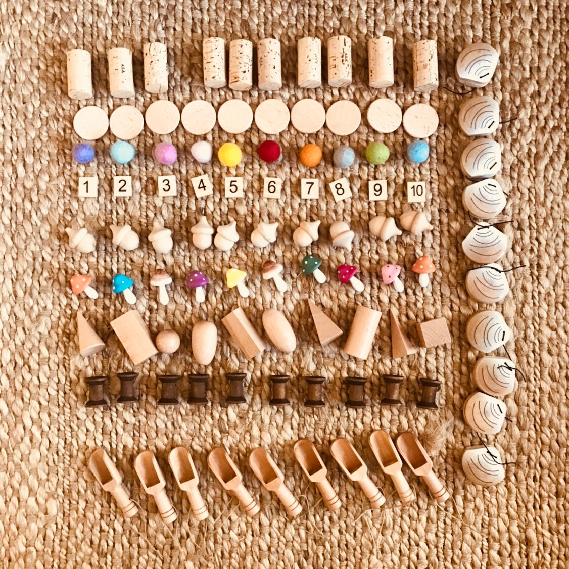 1-10 Wooden Number Tiles: Wooden tiles for number recognition and counting practice.