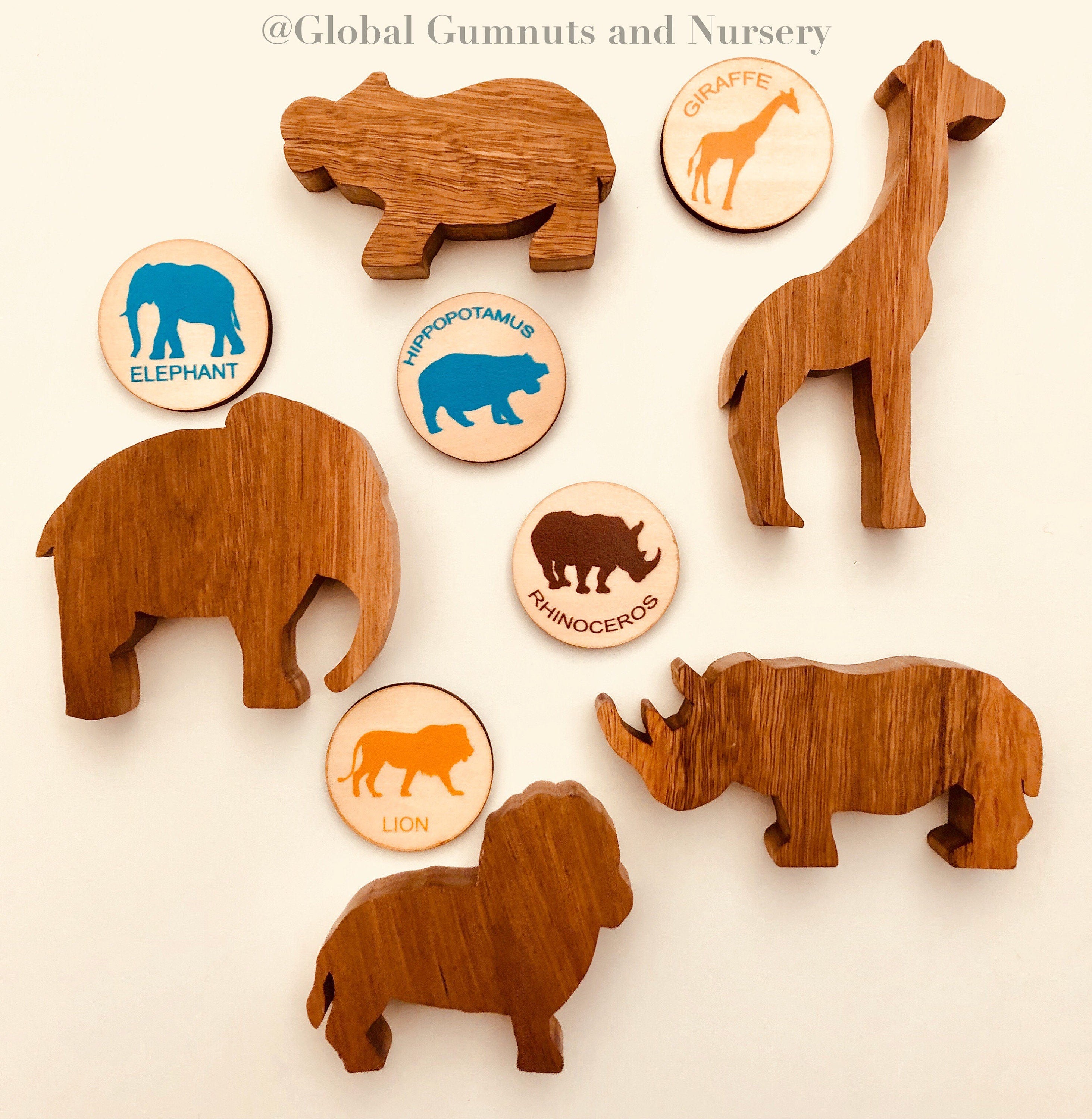 Matching animal game with wooden discs, a Montessori-inspired matching toy.
