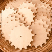 wooden cog tiles: 7.5cm wooden gear-shaped discs for creative projects.